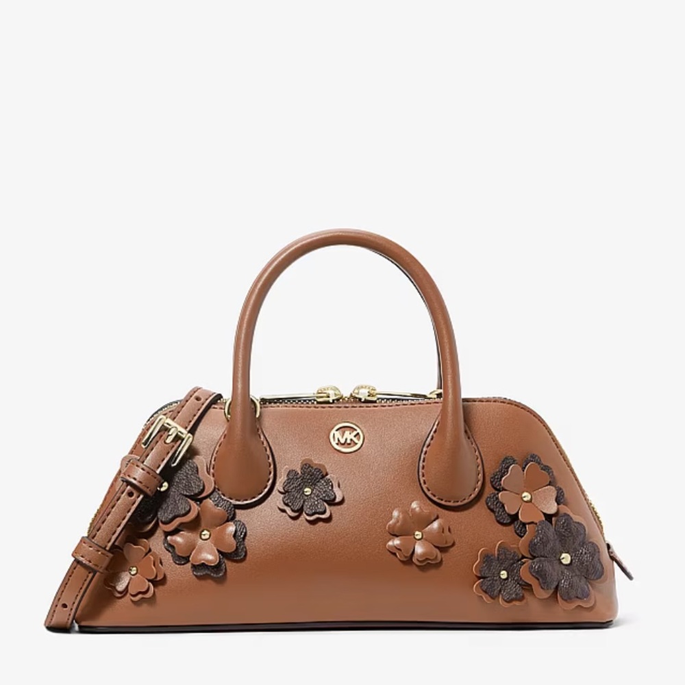 Michael Kors Tan Brown Floral-Applique Leather Satchel Crossbody - Picture 5 of 5